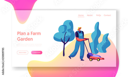 Man Gardener in Hat with Lawnmower Trimming Grass in Yard Landing Page. Worker Gardening Lawn Outdoor. Farm Garden Spring Website or Web Page. Flat Cartoon Vector Illustration