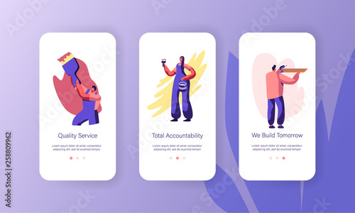 Person Making Renovation at Home Mobile App Page Onboard Screen Set. Woman Painting Wall with Brush. Man Drilling Wooden Shelf. Man Paint Website or Web Page. Flat Cartoon Vector Illustration