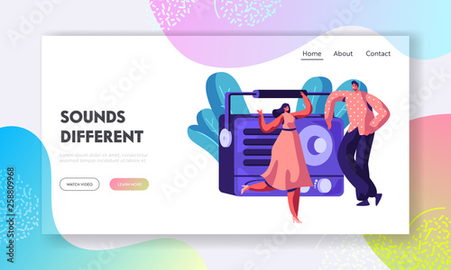 Radio Recorder Playing Music Landing Page. Woman in Dress and Man Dancing to Music. People Listen to Song and Smiling. Sound Record Device Website or Web Page. Flat Cartoon Vector Illustration