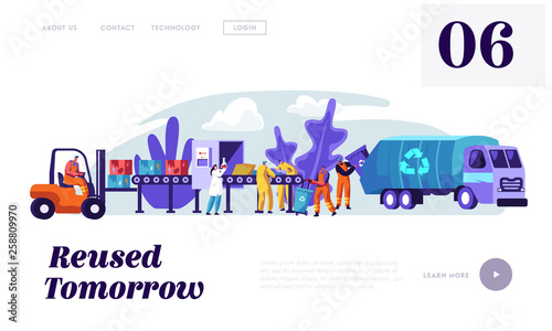 People Cleaning Trash to Reduce Littering Landing Page. Man Collect Garbage from Rubbish Bin to Lorry with Recycling Sign. Woman Utilize Litter Website or Web Page. Flat Cartoon Vector Illustration
