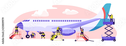 Plane Service Banner. Aircraft Maintenance, Inspection and Repair. Performance of Task Required to Ensure the Continuing Airworthiness of Airplane. Flat Cartoon Vector Illustration