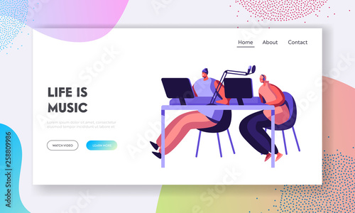 Woman Radio Presenter in Headphone Working in Studio Landing Page. Female Character Talking in Microphone. Dj Girl Play Music. Broadcast Show Website or Web Page. Flat Cartoon Vector Illustration