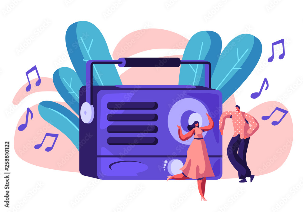 Radio Recorder Playing Music for Happy Person. Woman in Dress and Man  Dancing to Loud Music. People Listen to Song and Smiling. Sound Stereo  Record Device Horizontal Flat Cartoon Vector Illustration Stock