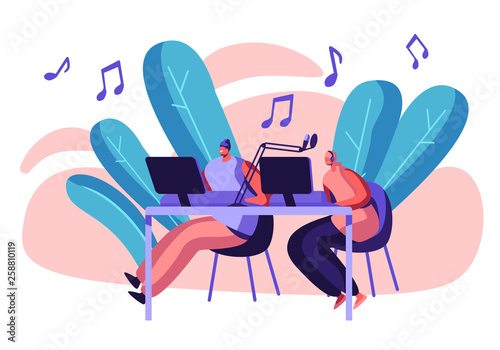 Woman Radio Presenter in Headphones Working in Record Studio