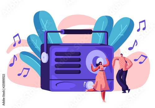 Villano Manga trampa Radio Recorder Playing Music for Happy Person. Woman in Dress and Man  Dancing to Loud Music. People Listen to Song and Smiling. Sound Stereo  Record Device Horizontal Flat Cartoon Vector Illustration vector