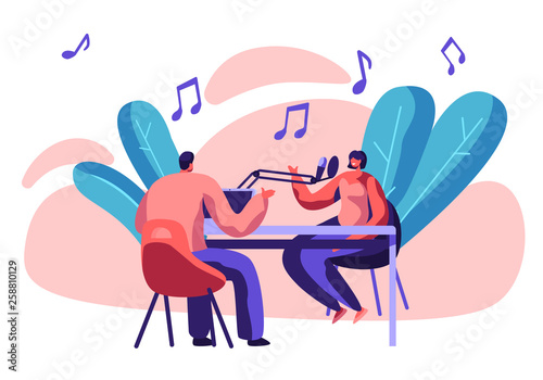 Radio Station Presenter with Microphone in Studio. Dj Jockey and Woman Host Play Music. Entertainment Broadcast for People Communication. Sound Record Horizontal Flat Cartoon Vector Illustration