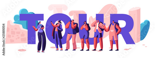 Tour Guide Provide Assistance Banner. Organize Visit Museum and Attraction Site Interest. Cultural, Historical and Contemporary Heritage Information. Flat Cartoon Vector Illustration