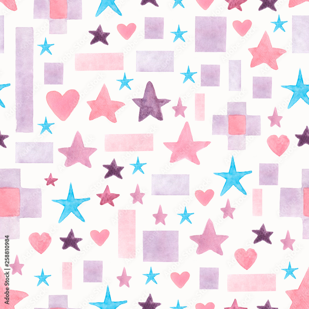 Seamless hand drawn watercolor pattern with pink,blue and violet different geometric shapes on a white background.Abstract geometric background. Watercolor texture with colored hearts,stars,lines,ets.
