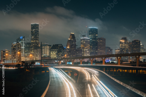 Cityscape photo of the Houston skyline at night  in Houston  Texas