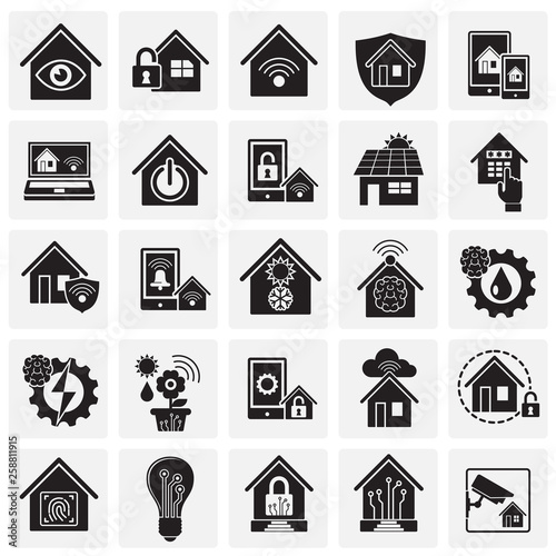 Smart home related icons set on squares background for graphic and web design. Simple vector sign. Internet concept symbol for website button or mobile app.
