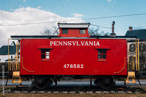 A red caboose in New Oxford, Pennsylvania