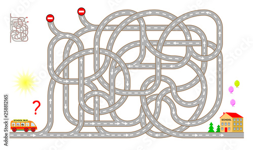 Logic puzzle game with labyrinth for children and adults. Help the school bus bring the children to school. Find the way and draw the line. Printable page for brainteaser book. Vector cartoon image.