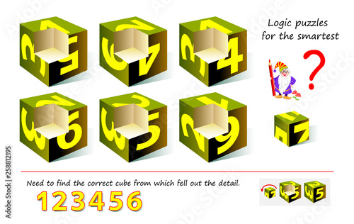 Logic puzzle game for smartest. Need to find the correct cube from which fell out the detail. Printable page for brainteaser book. Developing spatial thinking. Vector cartoon image.