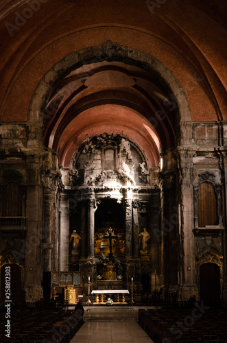 Interior of old  dark  red  burnt down catholic church