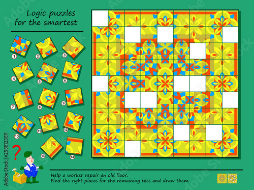 Logic puzzle game for smartest. Help a worker repair an ancient floor. Find the right places for the remaining tiles and draw them. Printable page for brainteaser book. Developing spatial thinking.