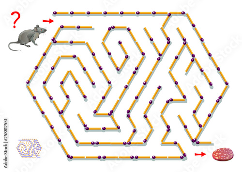Logic puzzle game with labyrinth for children. Help the rat find way between matchsticks till sausage. Scientific experiment of spatial thinking in mice. Printable worksheet for brainteaser book.