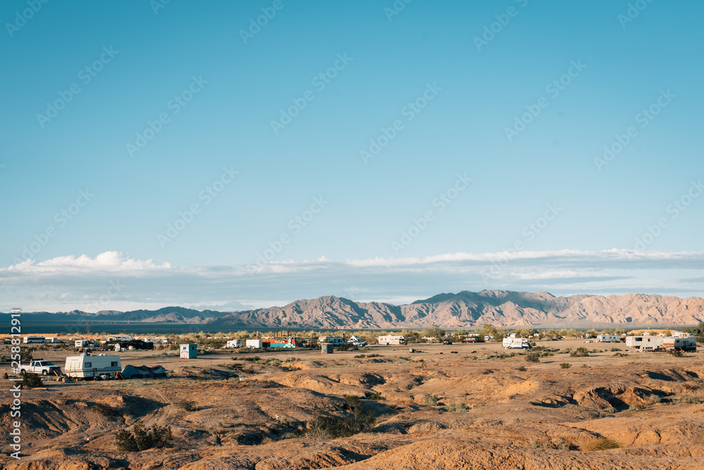 View of the desert landscape in Slab City, California