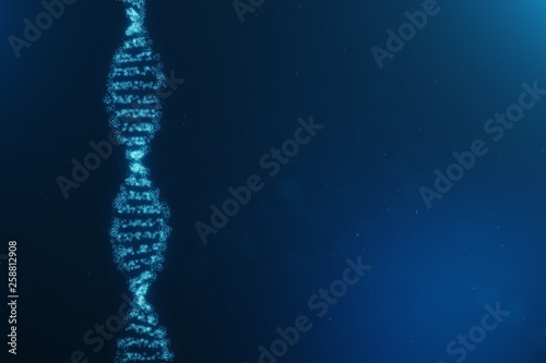 Artifical intelegence DNA molecule. DNA is converted into a digital code. Digital code genome. Abstract technology science, concept artifical Dna. DNA consisting particle, dots, 3D illustration