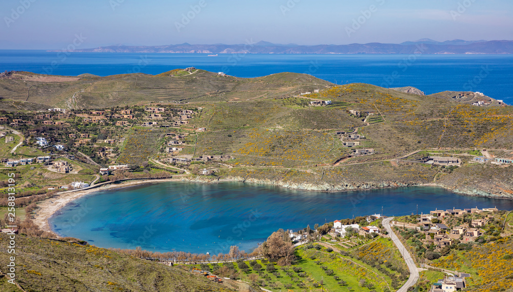 Greece. Kea island, Otzias. Blue sea and sky, landscape aerial view