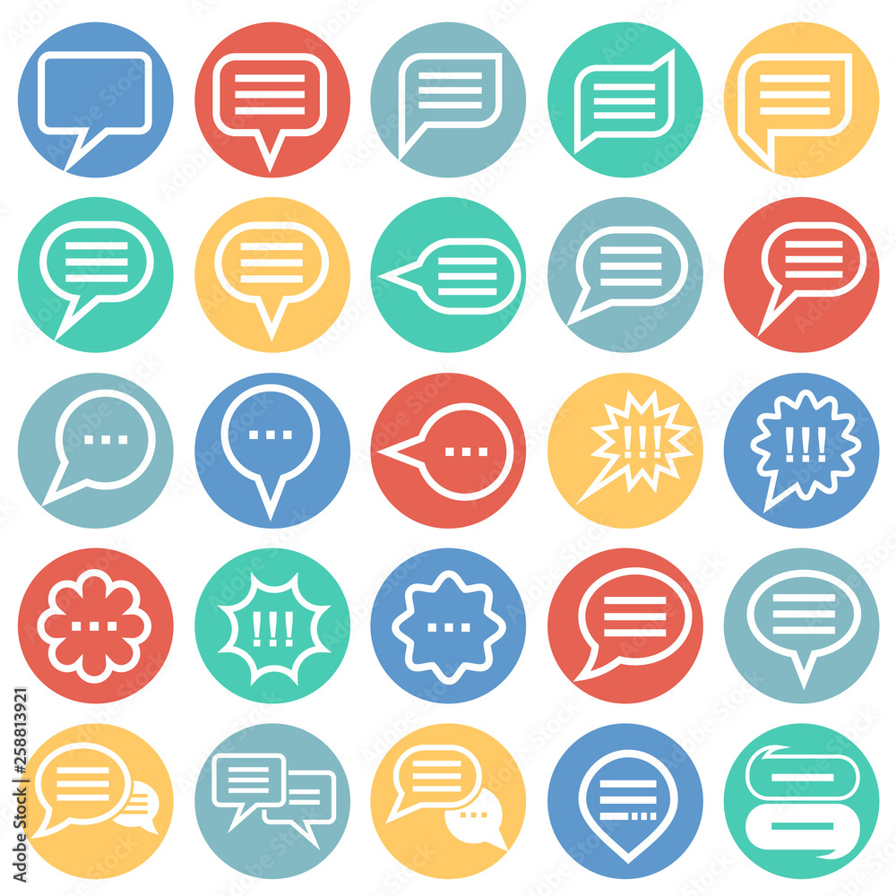 Text bubble icon set on color circles white background for graphic and web design. Simple vector sign. Internet concept symbol for website button or mobile app. Text bubble icon set on color circles white background for graphic and web design. Simple vector sign. Internet concept symbol for website button or mobile app.