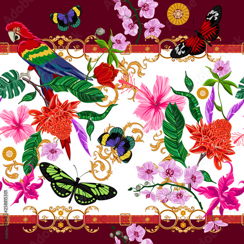 Tropical seamless pattern with flowers, butterflies, parrot and baroque belts. Vector floral patch for print, fabric, scarf