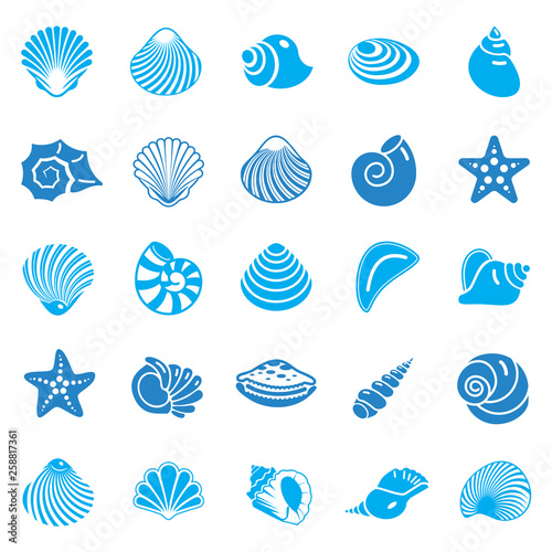 Sea Shell icons set blue on white background for graphic and web design. Simple vector sign. Internet concept symbol for website button or mobile app.