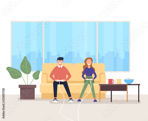 Two people man and woman characters playing video games at home. Vector design graphic flat cartoon isolated illustration
