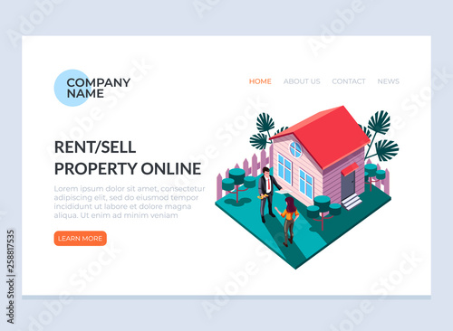 Real estate sell and rent property house concept. Vector design graphic flat cartoon web page loading banner illustration
