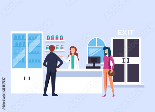 Pharmacist woman character selling drugs and pills to people consumers. Health care shop concept. Vector design graphic flat cartoon isolated illustration