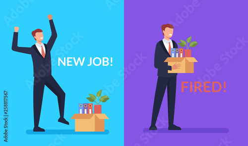 Business man office worker character find new job and lost. Being hired and fired concept. Vector design graphic flat cartoon isolated illustration