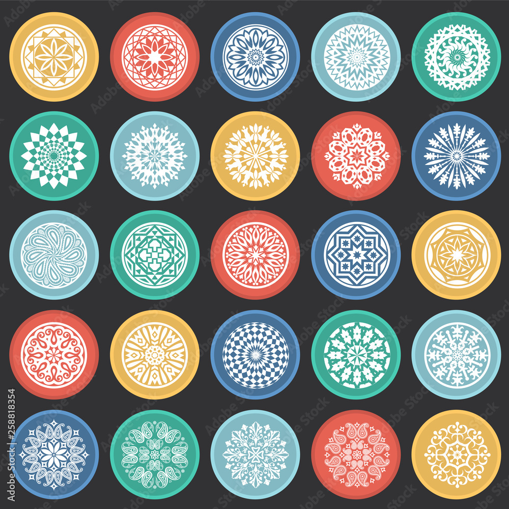 Mandala icons set on color circles black background for graphic and web design. Simple vector sign. Internet concept symbol for website button or mobile app. Mandala icons set on color circles black background for graphic and web design. Simple vector sign. Internet concept symbol for website button or mobile app.