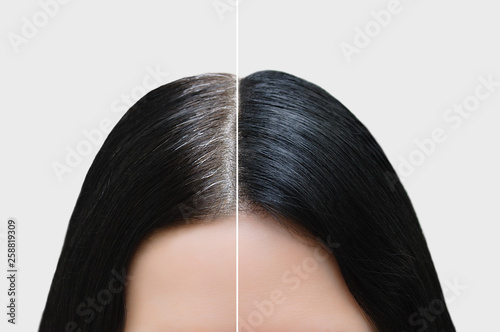 Head of a girl with black gray hair. Hair coloring. Before and after. Close-up. photo