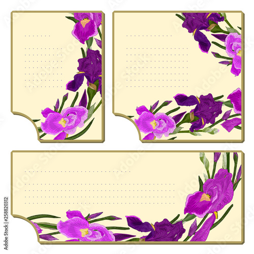 A set of cards with vector images of irises. Lilac irises with green leaves and buds of flowers. Place for text. Beige background with empty dots.