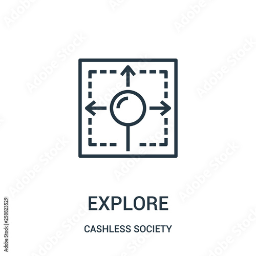 explore icon vector from cashless society collection. Thin line explore outline icon vector illustration.
