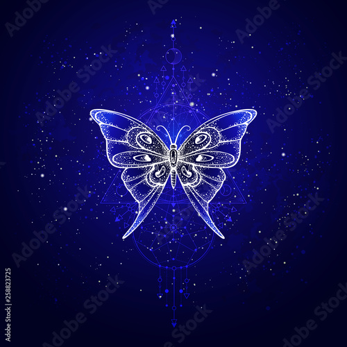 Vector illustration with hand drawn butterfly and Sacred geometric symbol against night starry sky. Abstract mystic sign. © nadezhdash