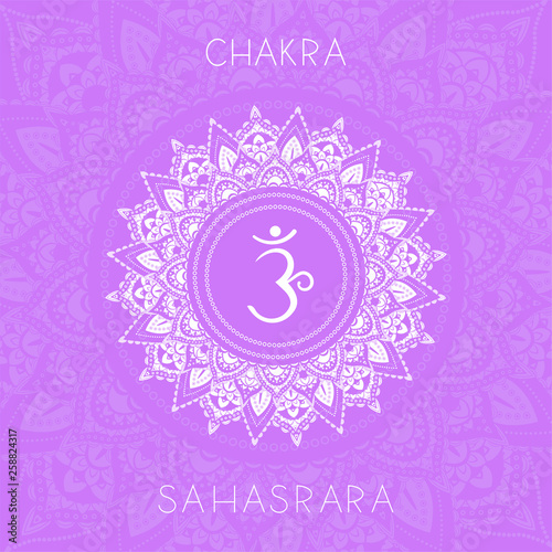 Vector illustration with symbol chakra Sahasrara on ornamental background.