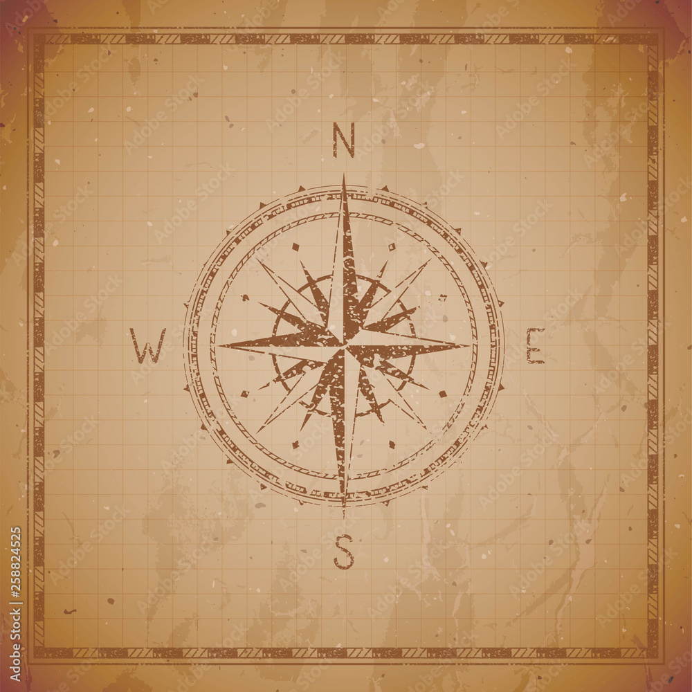 Vector illustration with a vintage compass or wind rose and frame on grunge background. With basic directions North, Eas