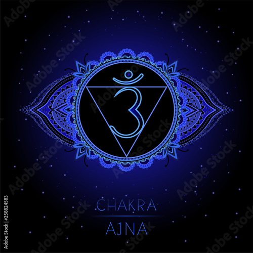 Vector illustration with symbol Ajna - Third Eye chakra on black background.
