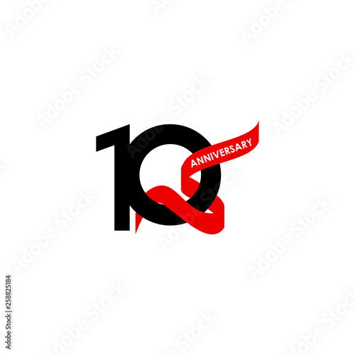 10 Year Anniversary Black Red Ribbon Vector Template Design Illustration