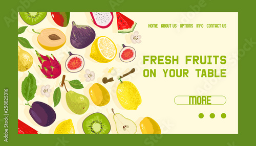 Tropical fruits shop banner web design vector illustration. Exotic summer pro...