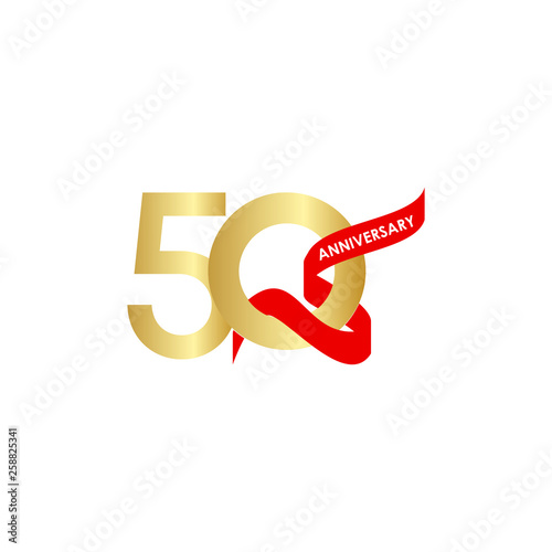 50 Year Anniversary Gold Red Ribbon Vector Template Design Illustration