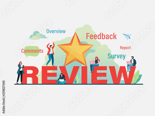 Customer's giving five star rating. User feedback review scroll. Flat vector illustration modern character design. For a landing page, banner, flyer, poster, web page.