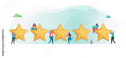 Customer's giving five star rating. User feedback review scroll. Flat vector illustration modern character design. For a landing page, banner, flyer, poster, web page.