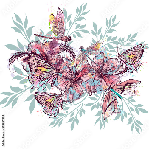 Fashion vector floral design from hibiscus flowers nad dragonflies