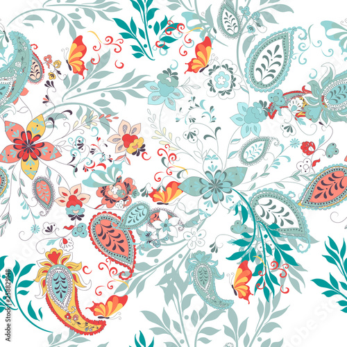 Floral seamless pattern with ethnic ornament and florals