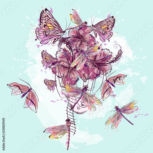 Illustration with dragonfly and butterflies in shape of air balloon