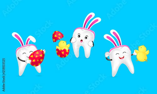 Cute cartoon bunny tooth character design. Three different poses with egg and  little chick. Easter holiday concept. Vector illustration isolated on blue background.