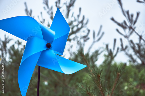 A blue pinwheel in front of a field of pinetree at an elementary school in South Korea.