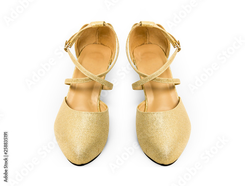 Gold High Heels Shoes Woman for Fashion. Beautiful Luxury High-Heeled Shoe, Front View. A Pair of High Heel in Shining Golden Color with Ankle Strap Isolated over White Background and Clipping Path.