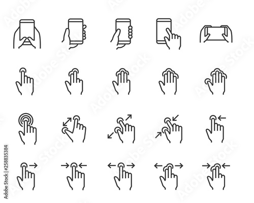 set of hand tochscreen gesture icons, such as hand, app, phone, tap, touch